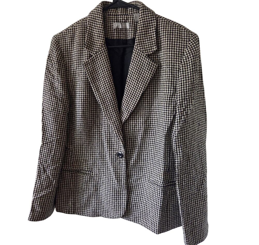Kate Hill SILK Sz 14 Houndstooth Blazer Jacket 2 Button Black